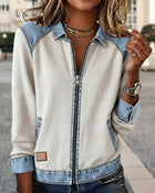 Manteau Col Revers Zippé Patchwork En Denim