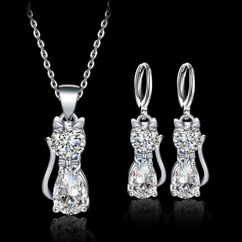 Ensemble collier + boucles d'oreilles Happy Cats en argent et zirconium blanc poli