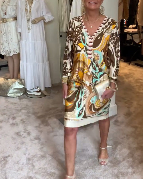 Robe décontractée à col en V et imprimé rétro