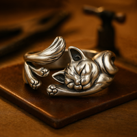Bague Vintage avec Chat en Argent (Ajustable)