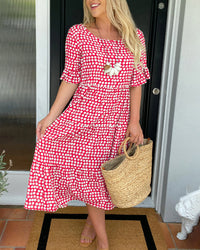 Robe midi col rond imprimé à pois