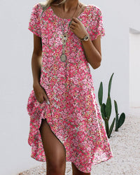 Robe Col Rond Manches Courtes Imprimé Fleuri