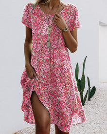 Robe Col Rond Manches Courtes Imprimé Fleuri
