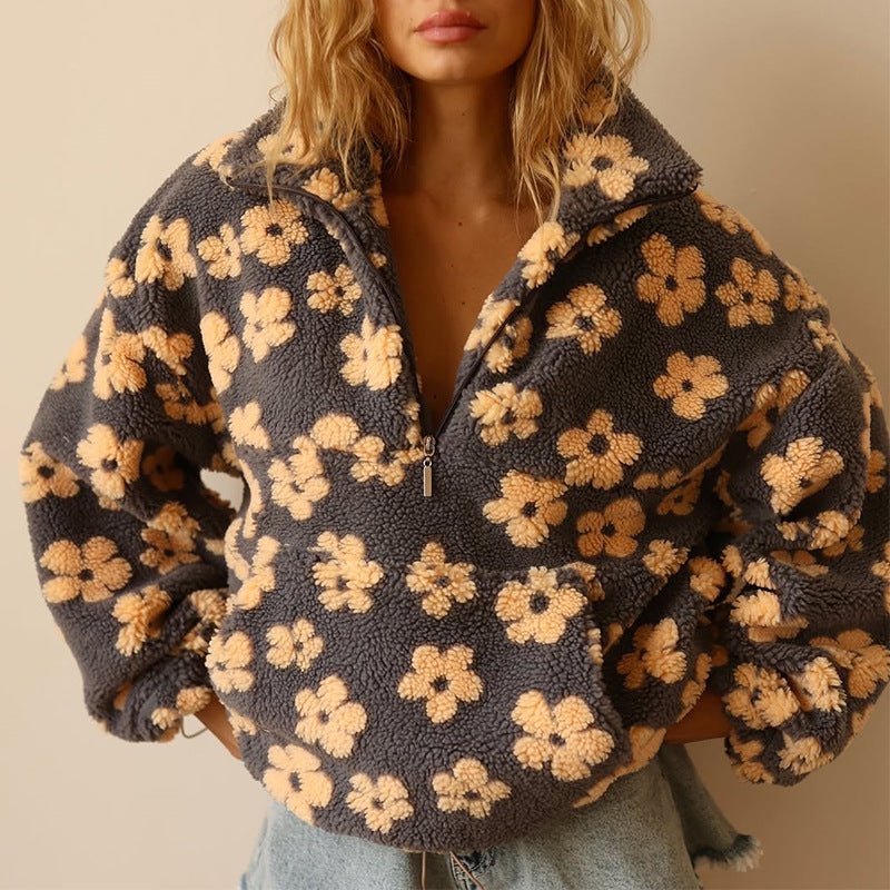 Veste en Fleece Floral Surdimensionnée avec Zip Demi