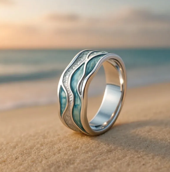 Bague Aurora des vagues de l'océan et de la plage