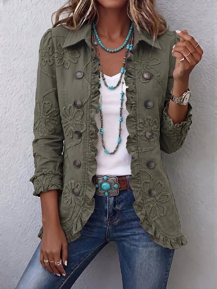 Karina | Veste utilitaire de style bohème-chic avec broderie florale et volants