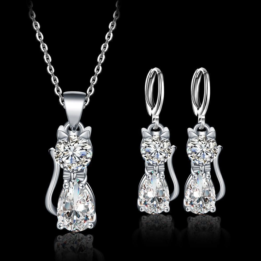 Ensemble collier + boucles d'oreilles Happy Cats en argent et zirconium blanc poli