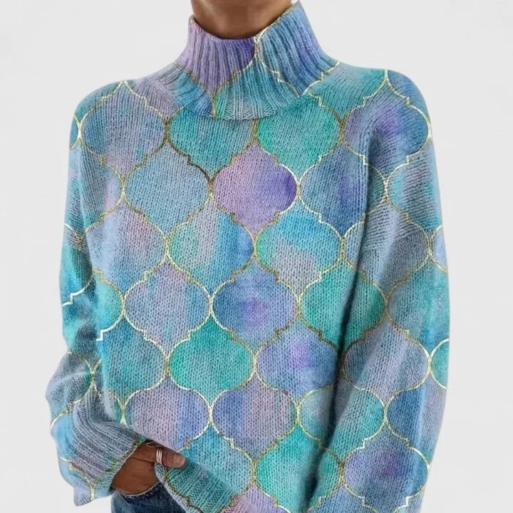 Pull en tricot à col roulé avec imprimé géométrique pour femmes, à manches longues