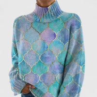 Pull en tricot à col roulé avec imprimé géométrique pour femmes, à manches longues