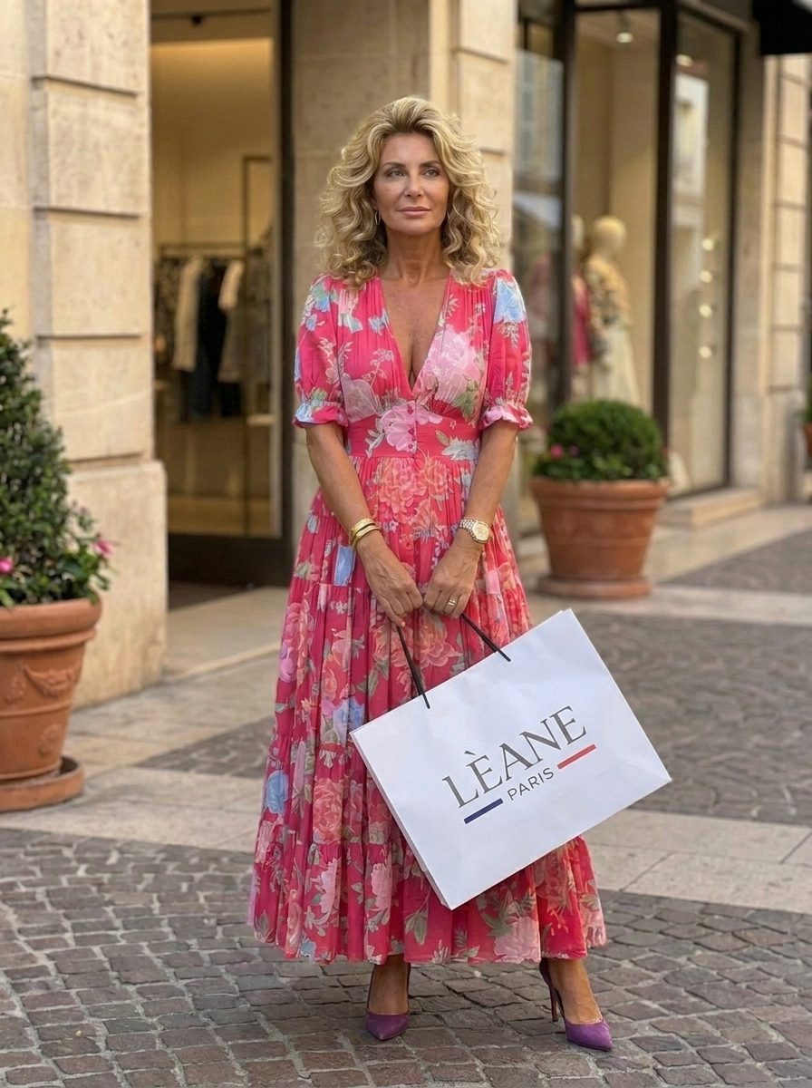 Cliente LÈANE Paris portant une robe fleurie avec un sac LÈANE Paris